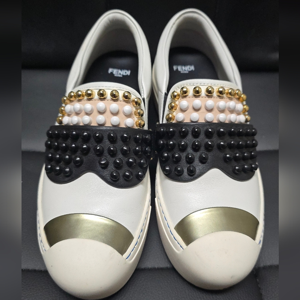Fendi 36 Karl Loves Fendi Studded Slip-On Leather Sneaker